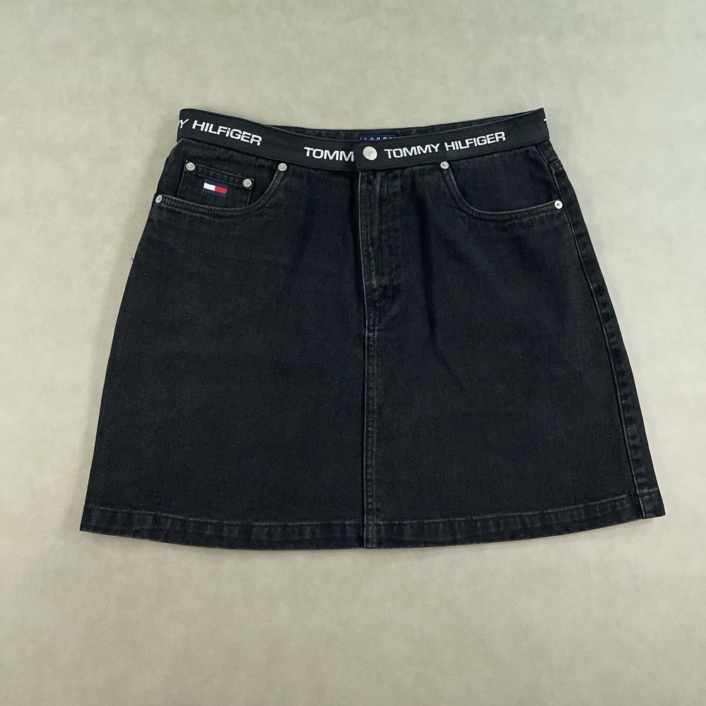 VTG Y2K Tommy Hilfiger Women's Denim Jean Skirt Size 14 Black Logo Spell Out 90s